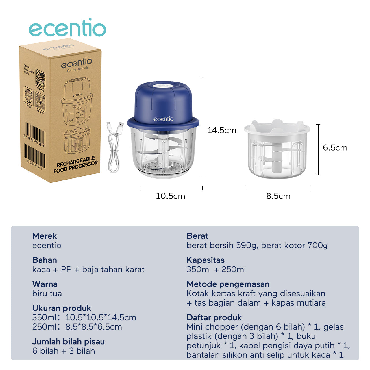 ecentio chopper mini kaca 2in1 Blender 6 pisau+3 pisau Penggiling Daging 350ml+250ml Food Processor portable