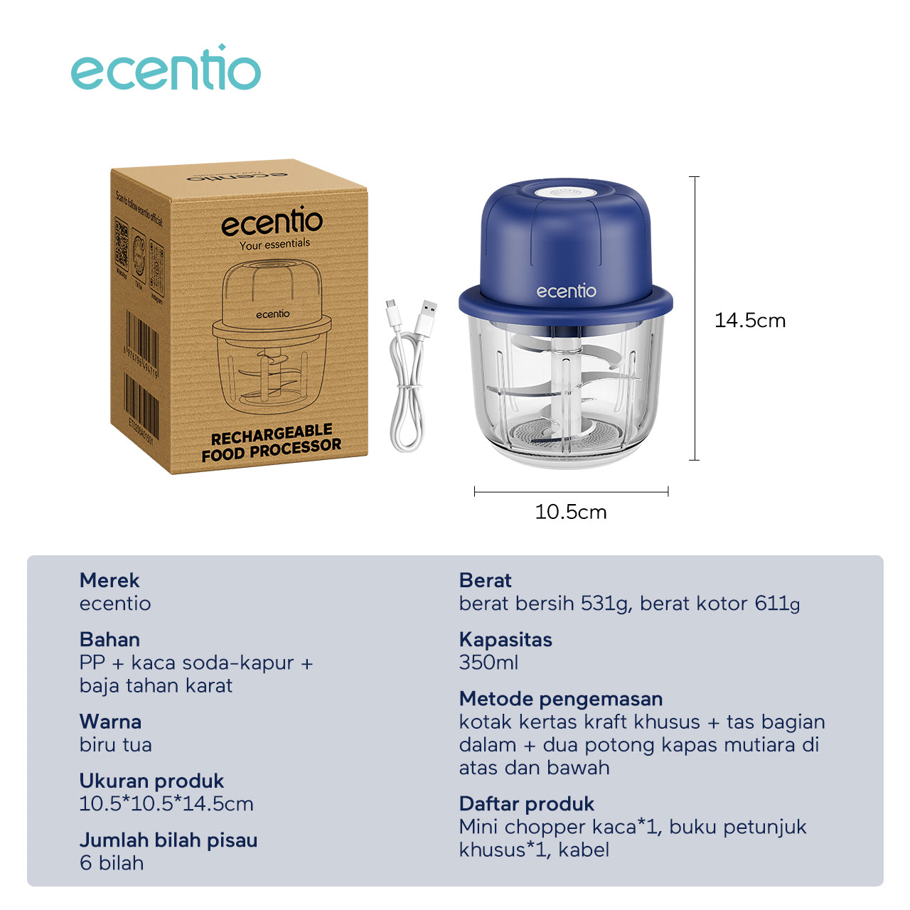 ecentio chopper mini 6 pisau 350ml kaca blender portable cope bumbu