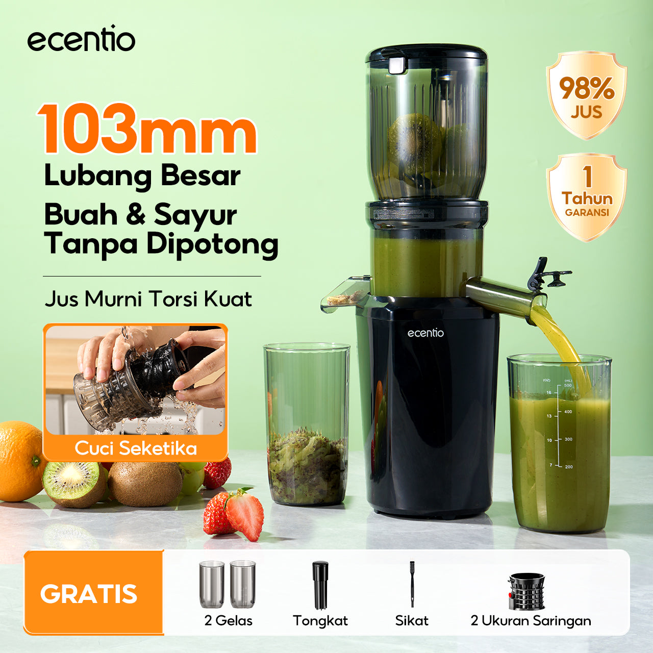 ecentio slow juicer portable 103mm caliber multifungsi blender 550ml+600ml garansi satu tahun