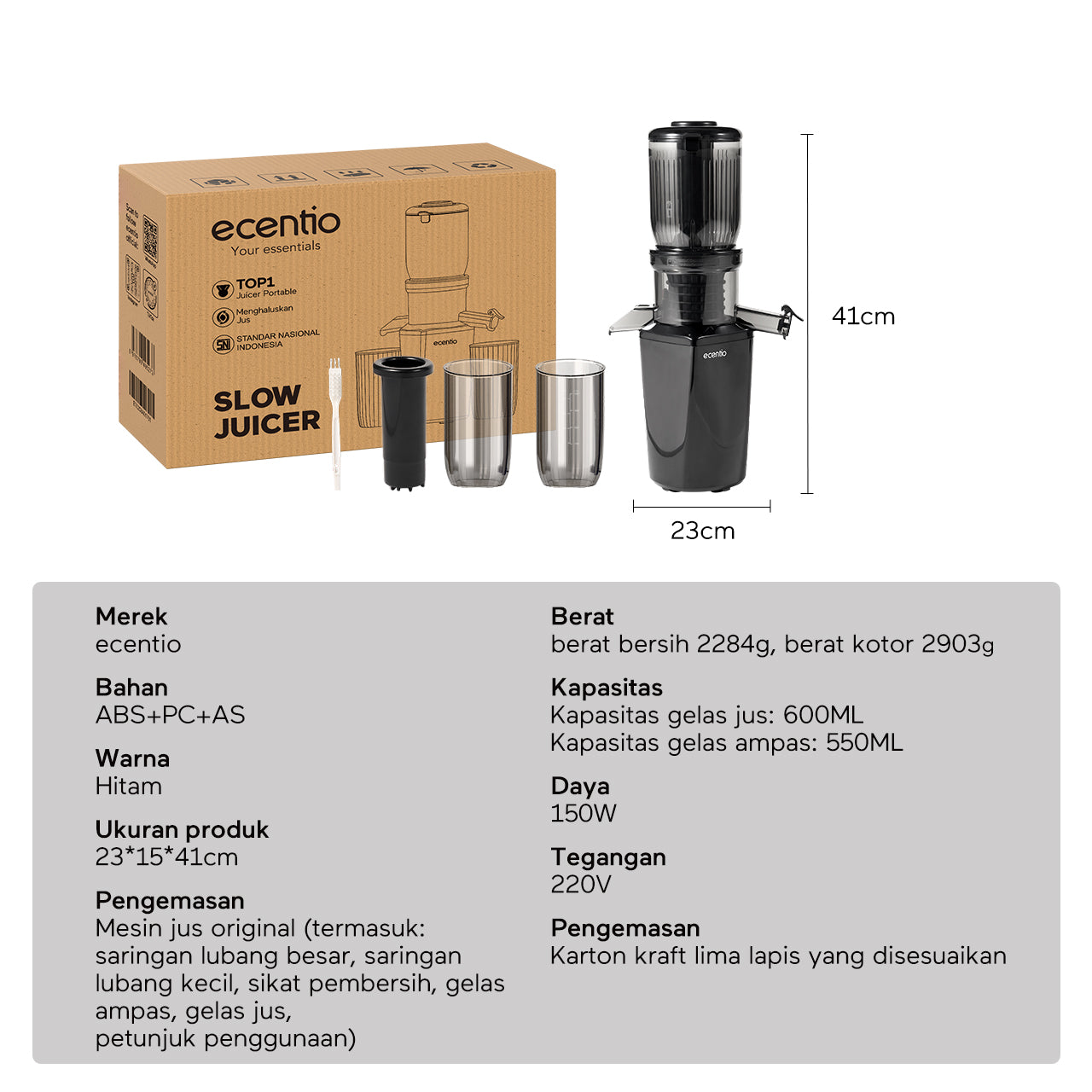 ecentio slow juicer portable 103mm caliber multifungsi blender 550ml+600ml garansi satu tahun