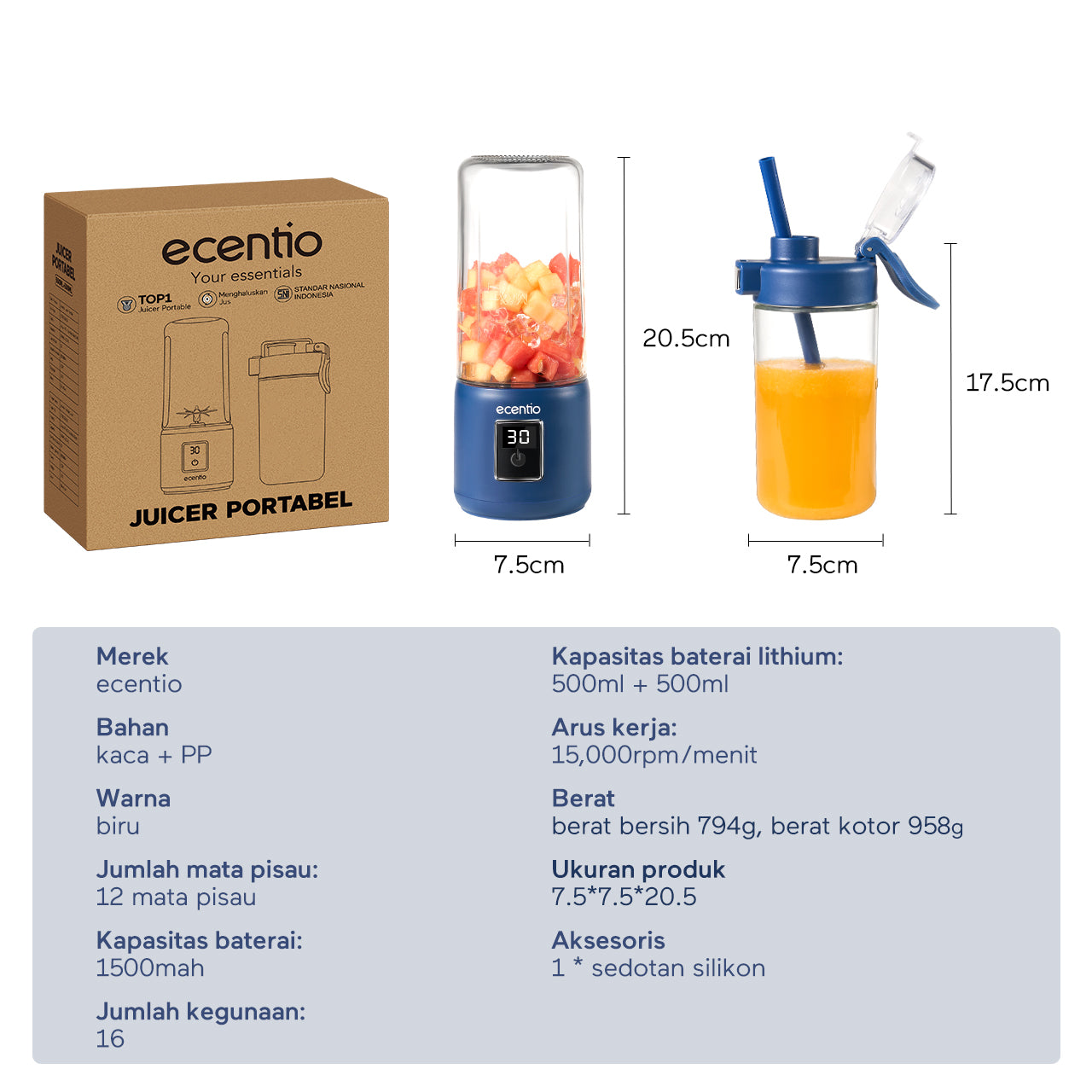 ecentio Kaca blender 12 Mata Pisau Portable layar sentuh LED 500ml double cup glass juicer