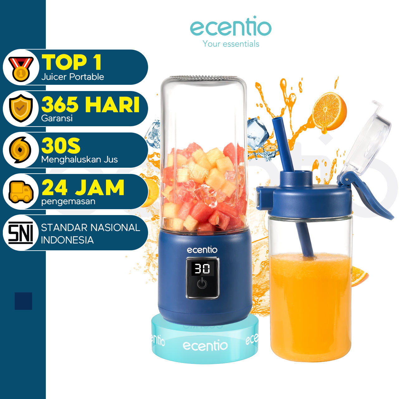 ecentio Kaca blender 12 Mata Pisau Portable layar sentuh LED 500ml double cup glass juicer