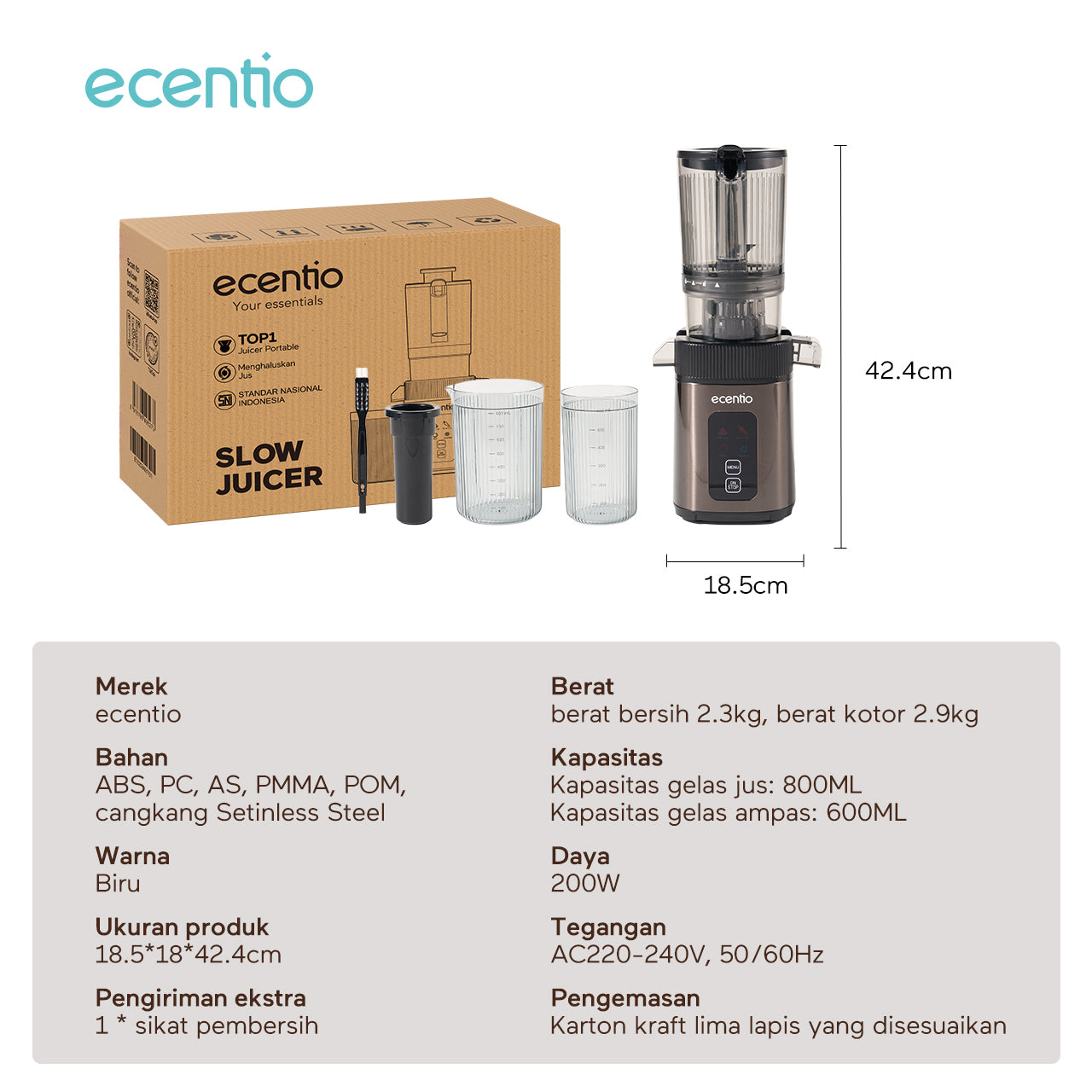 ecentio slow juicer portable 112mm caliber dan Smart Touch multifungsi blender 550ml+600ml garansi satu tahun