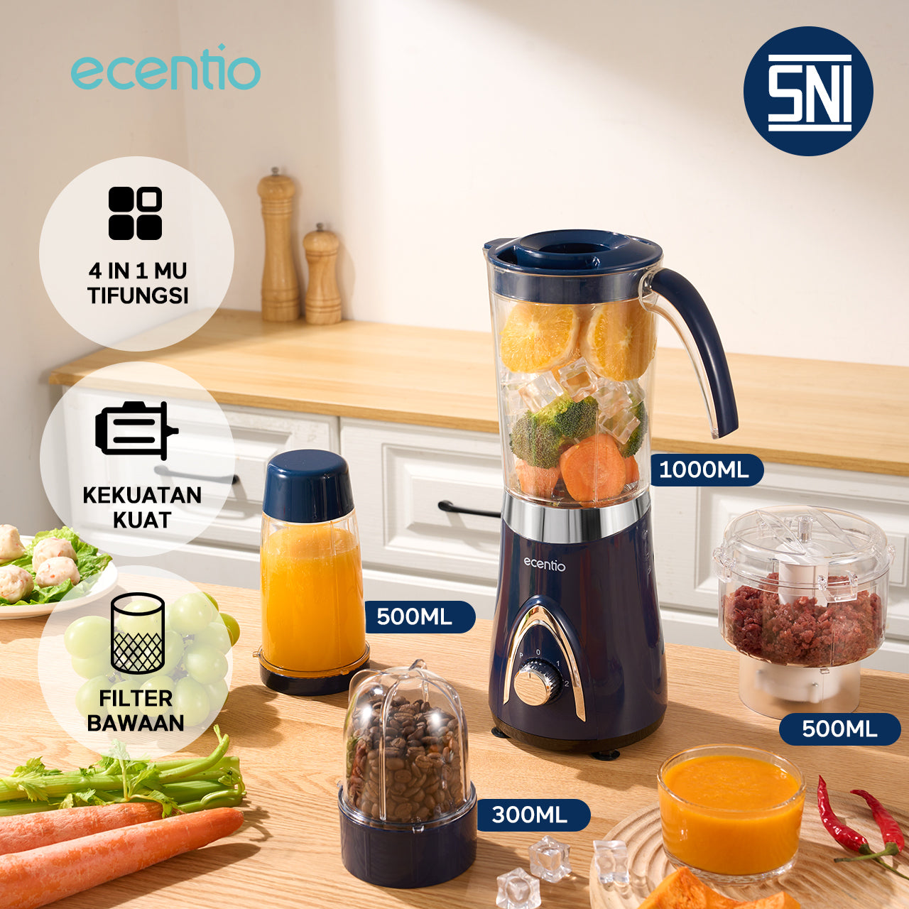 ecentio Blender Slow Juicer Pro 4 in 1 – Chopper Makanan Multifungsi 1L dengan Kunci Pengaman Anak