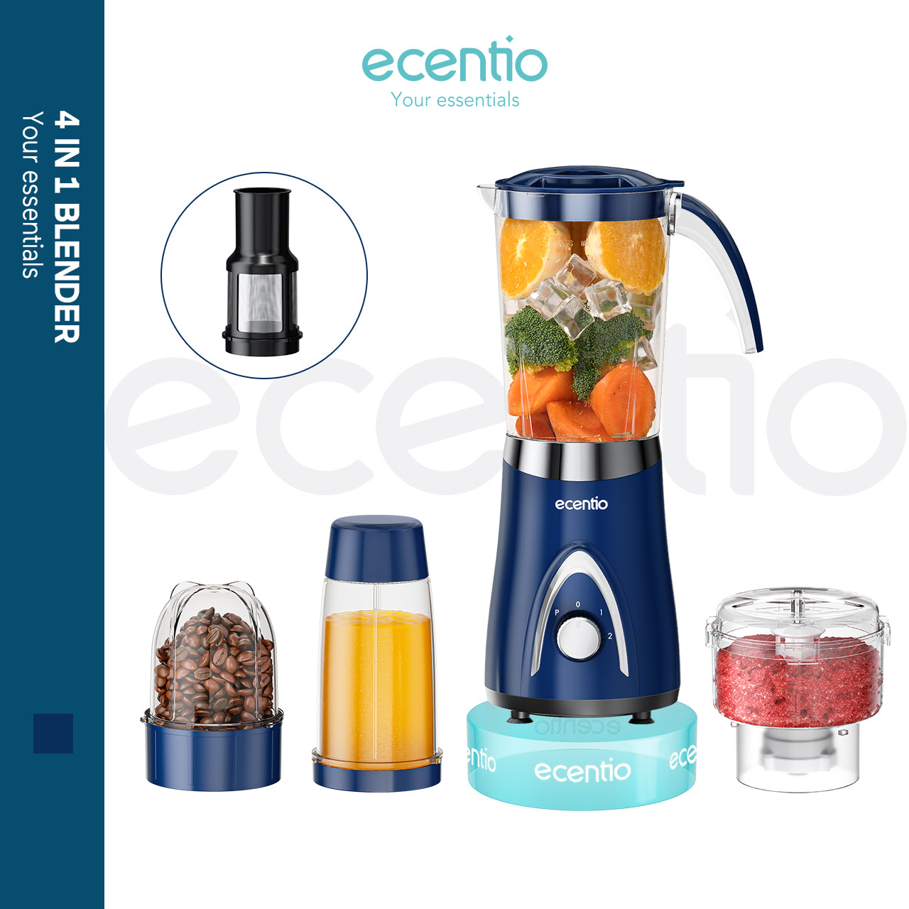 ecentio Blender Slow Juicer Pro 4 in 1 – Chopper Makanan Multifungsi 1L dengan Kunci Pengaman Anak