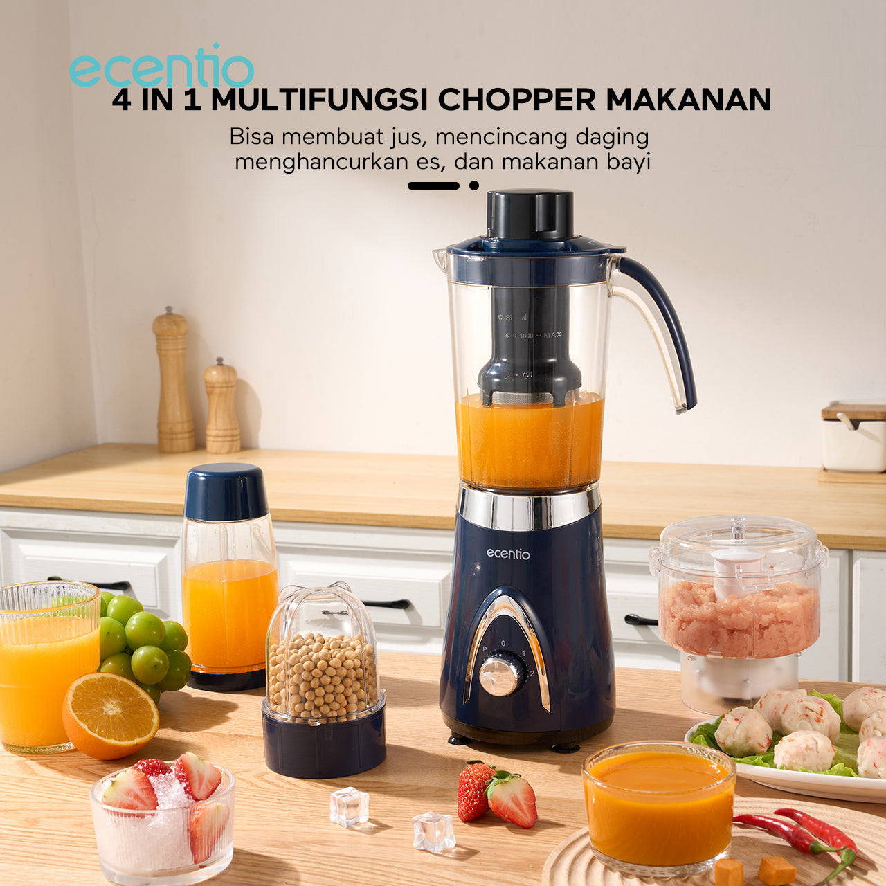 ecentio Blender Slow Juicer Pro 4 in 1 – Chopper Makanan Multifungsi 1L dengan Kunci Pengaman Anak