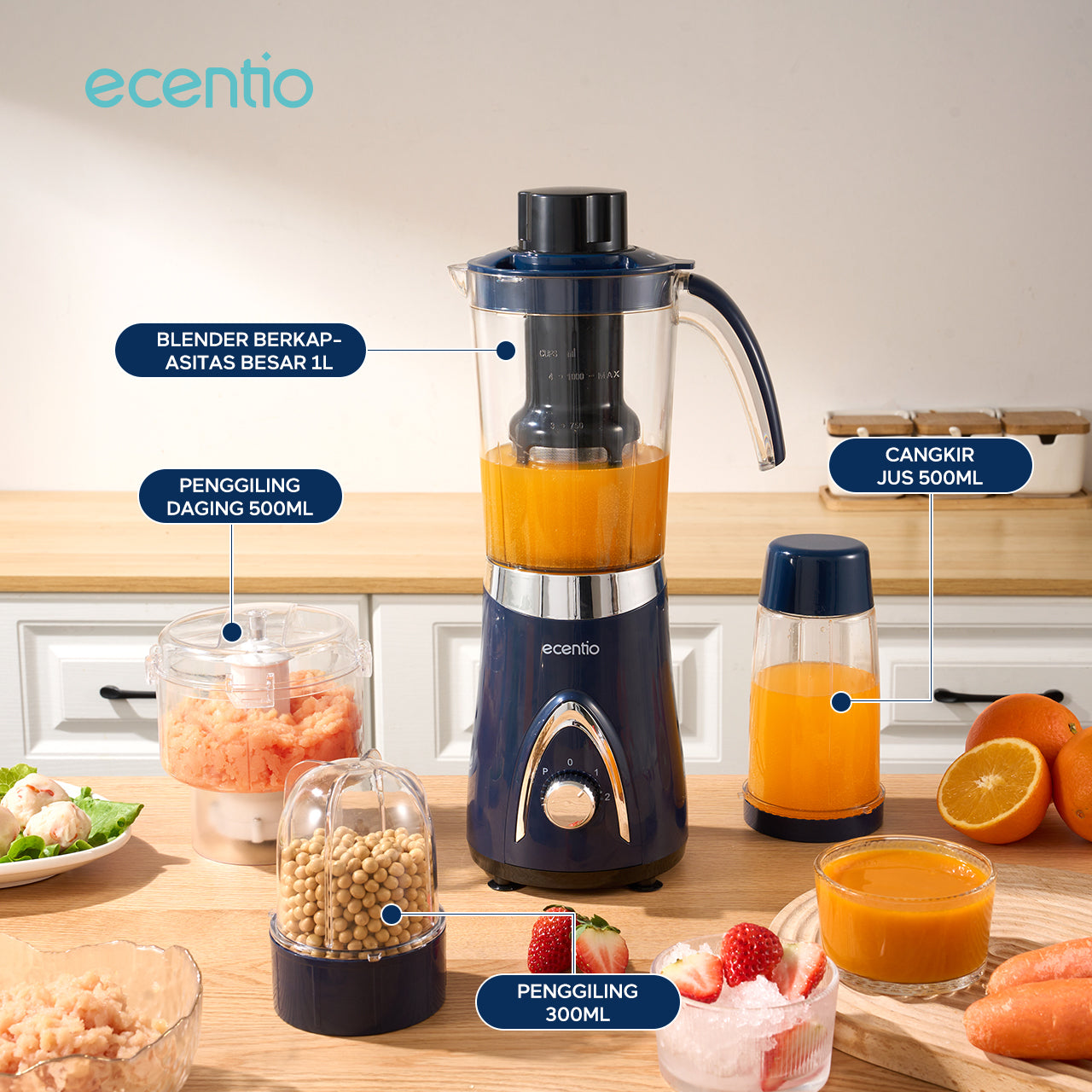 ecentio Blender Slow Juicer Pro 4 in 1 – Chopper Makanan Multifungsi 1L dengan Kunci Pengaman Anak