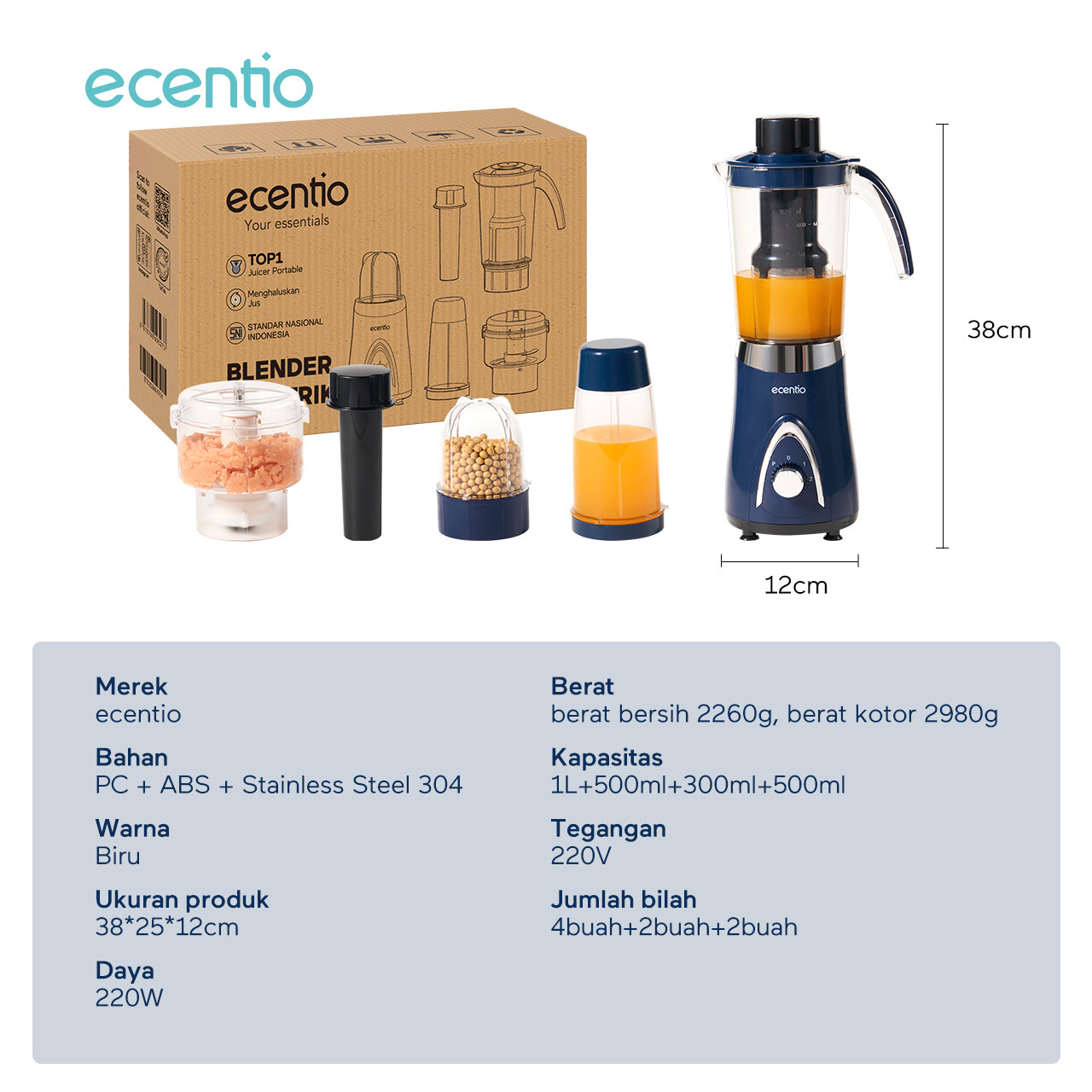 ecentio Blender Slow Juicer Pro 4 in 1 – Chopper Makanan Multifungsi 1L dengan Kunci Pengaman Anak