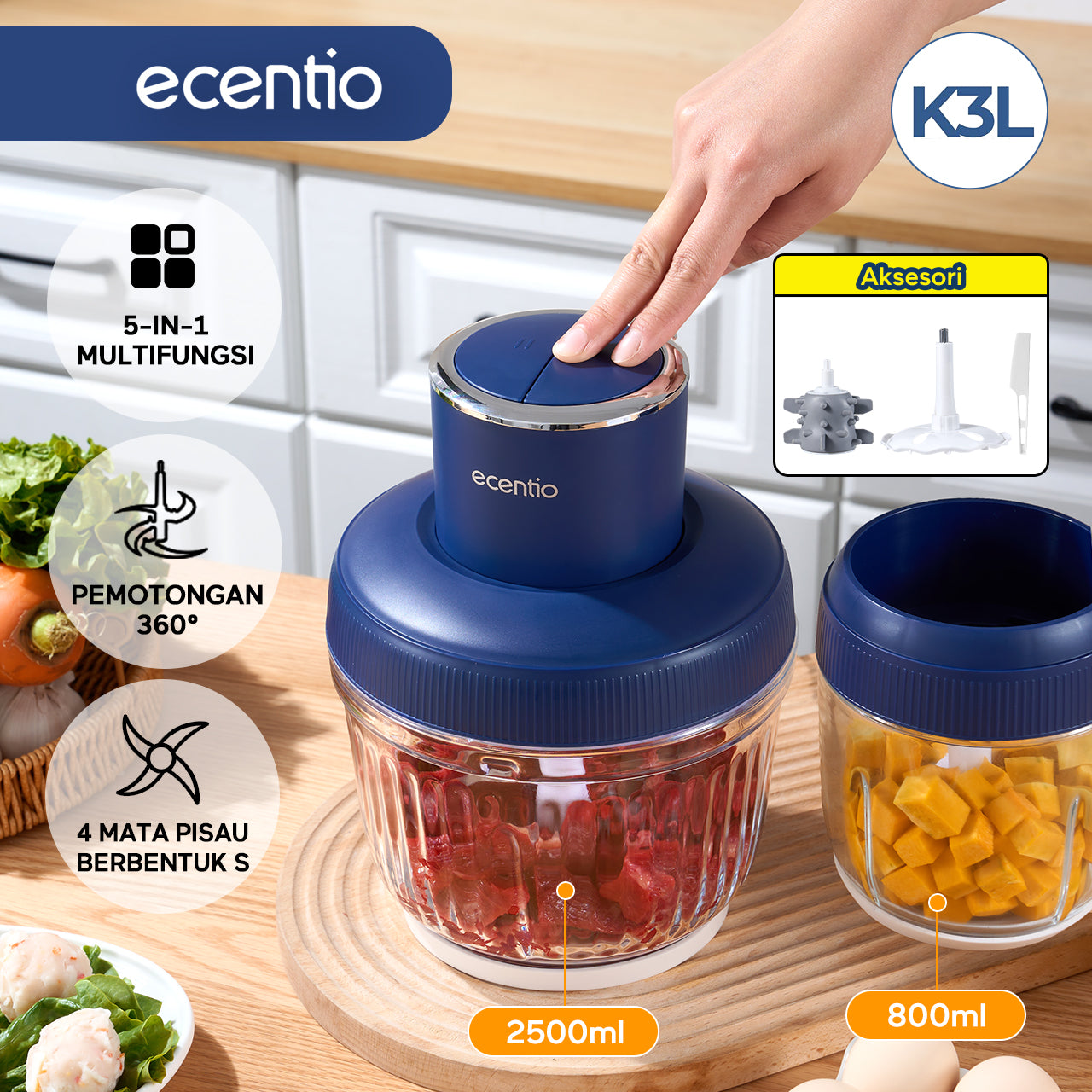 ecentio 5-in-1 Chopper Multifungsi dengan Wadah Double Cup 2.5L + 800ml