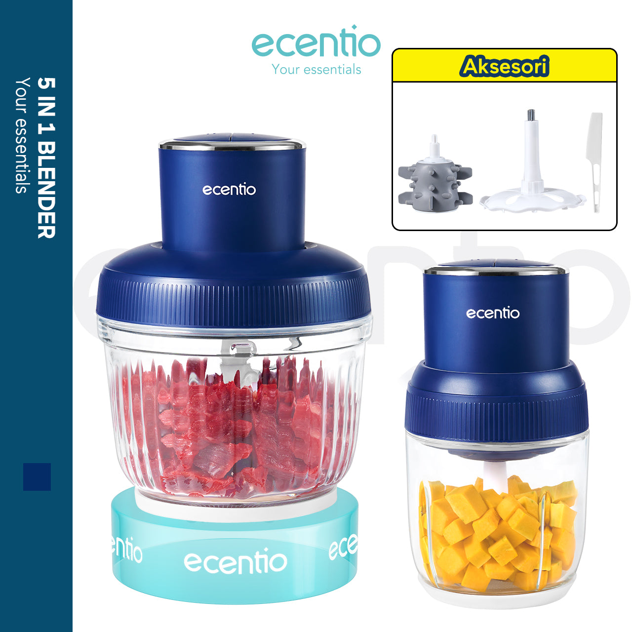 ecentio 5-in-1 Chopper Multifungsi dengan Wadah Double Cup 2.5L + 800ml