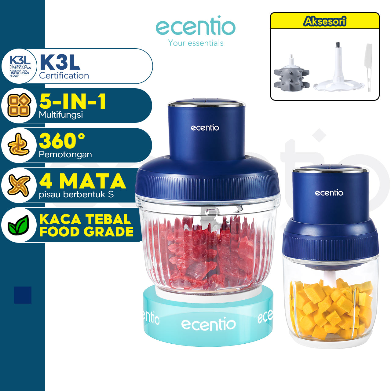 ecentio 5-in-1 Chopper Multifungsi dengan Wadah Double Cup 2.5L + 800ml