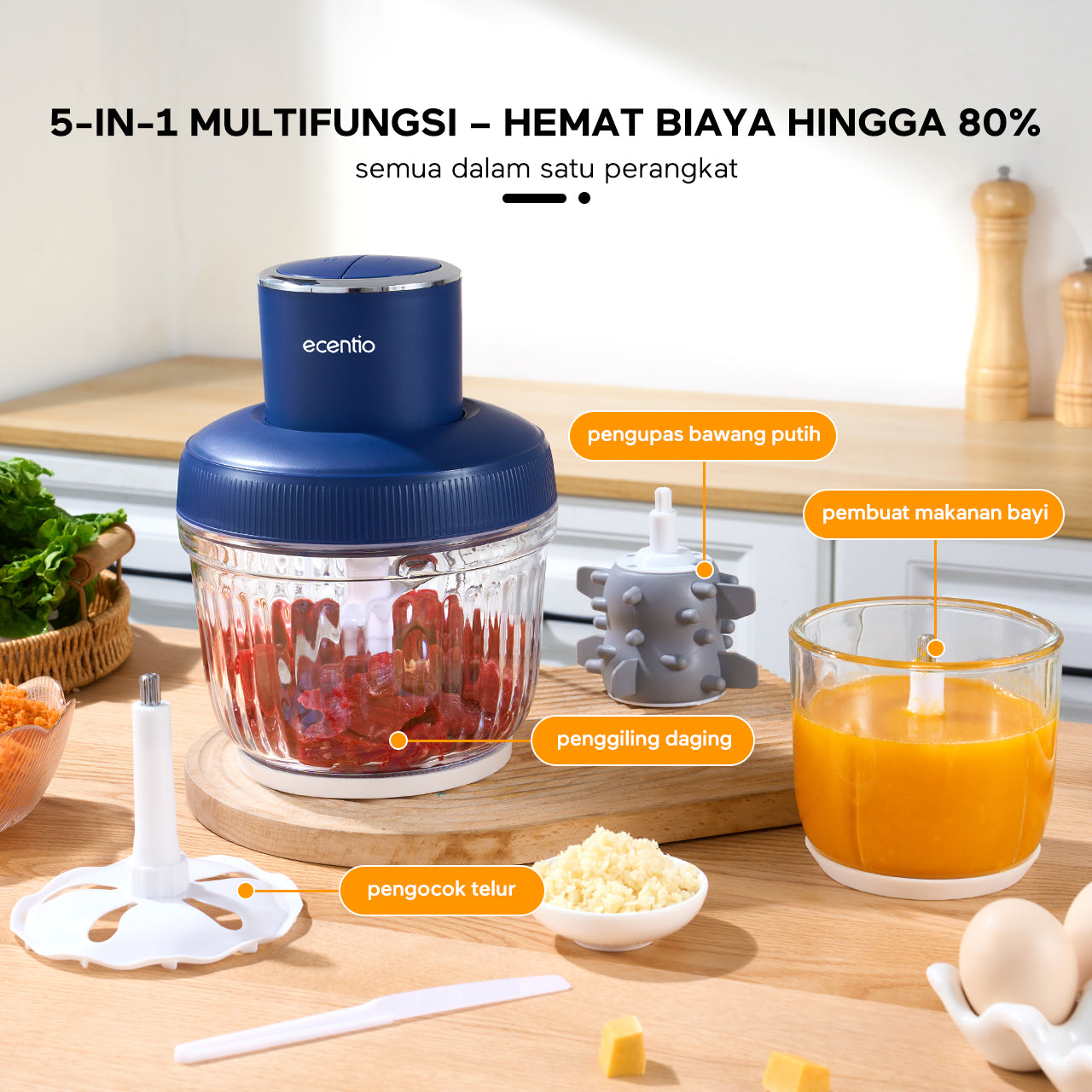 ecentio 5-in-1 Chopper Multifungsi dengan Wadah Double Cup 2.5L + 800ml