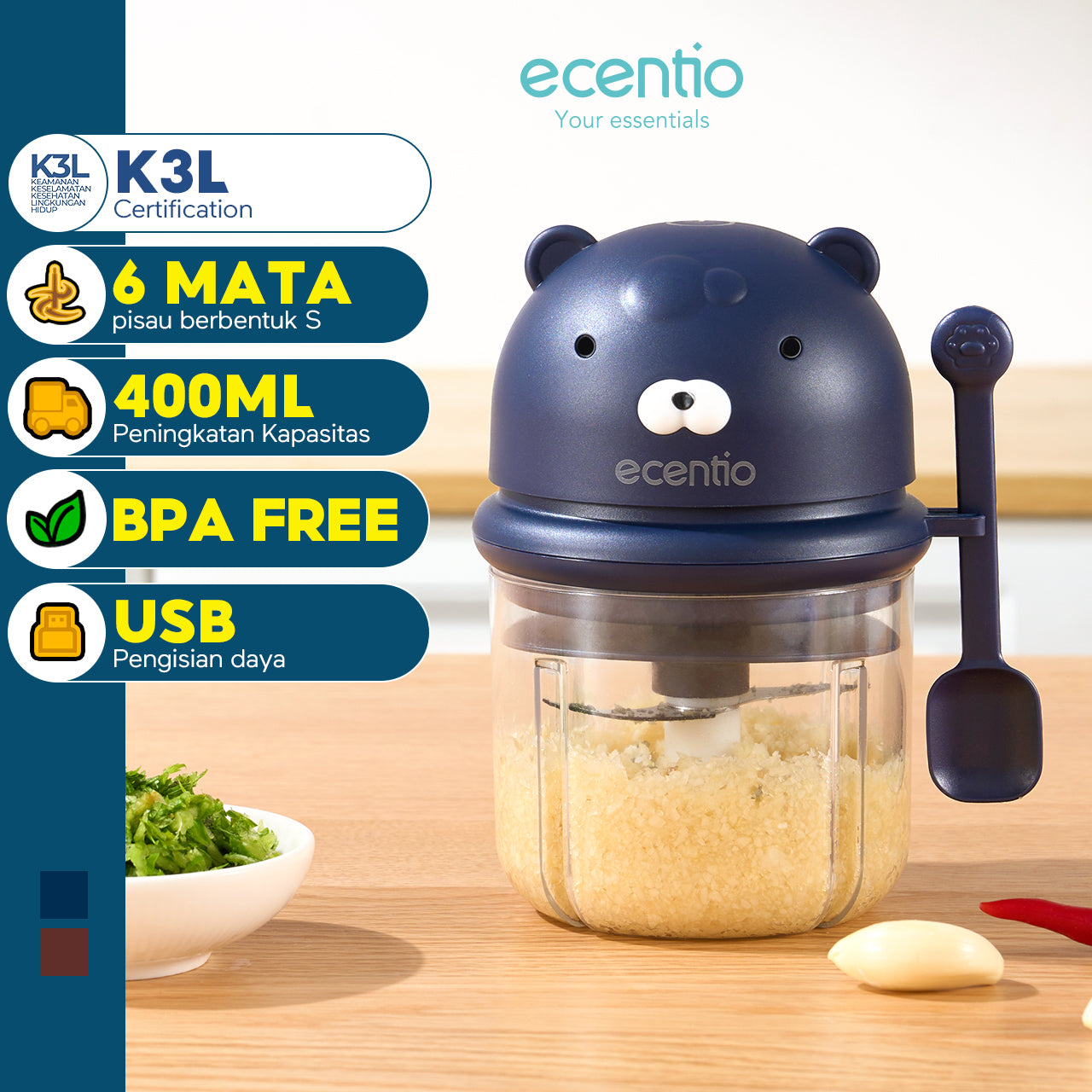 【🌟Pre-Order】ecentio Pengolah Makanan Mini Portabel 400ml - Cincang Cepat dengan 6 Mata Pisau