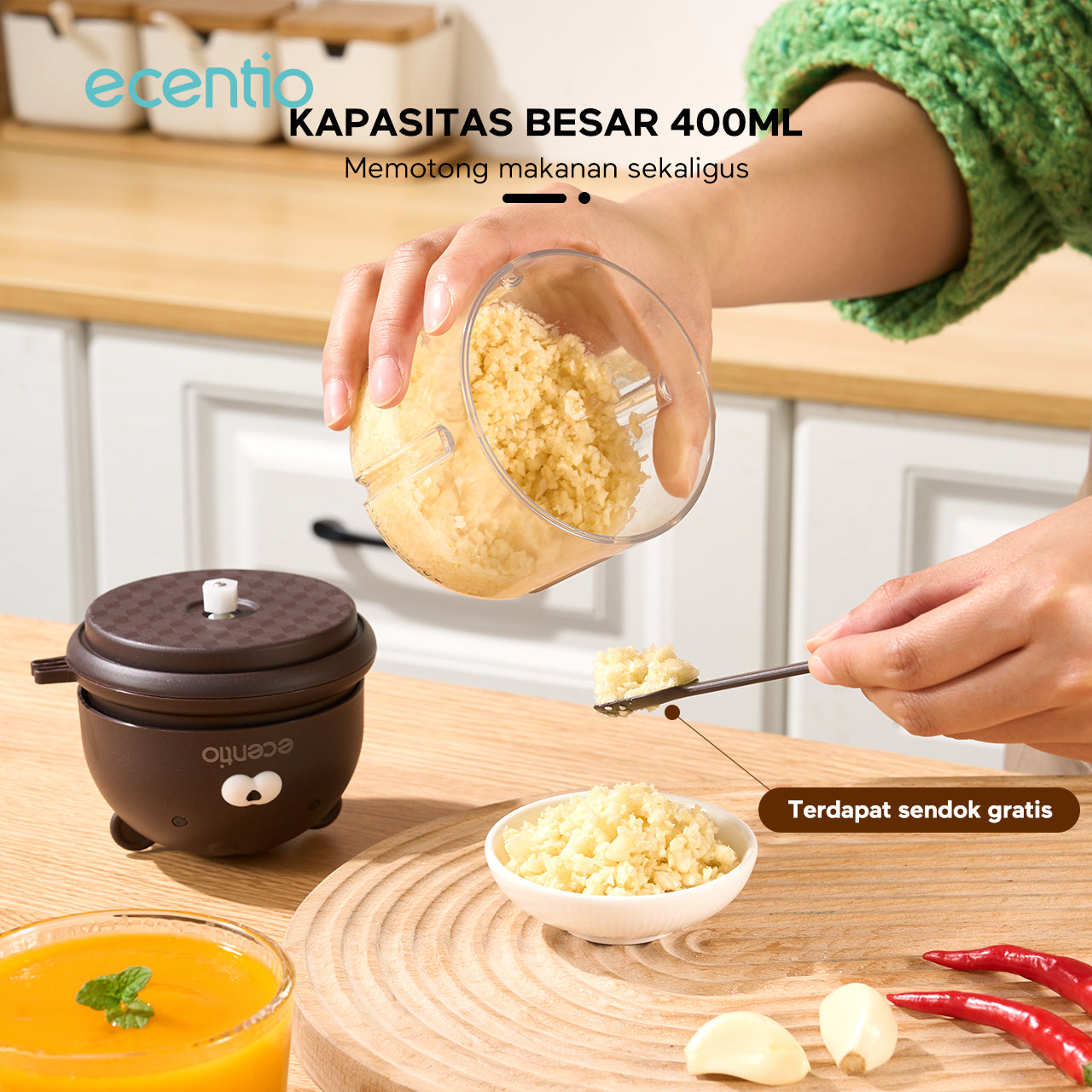 【🌟Pre-Order】ecentio Pengolah Makanan Mini Portabel 400ml - Cincang Cepat dengan 6 Mata Pisau