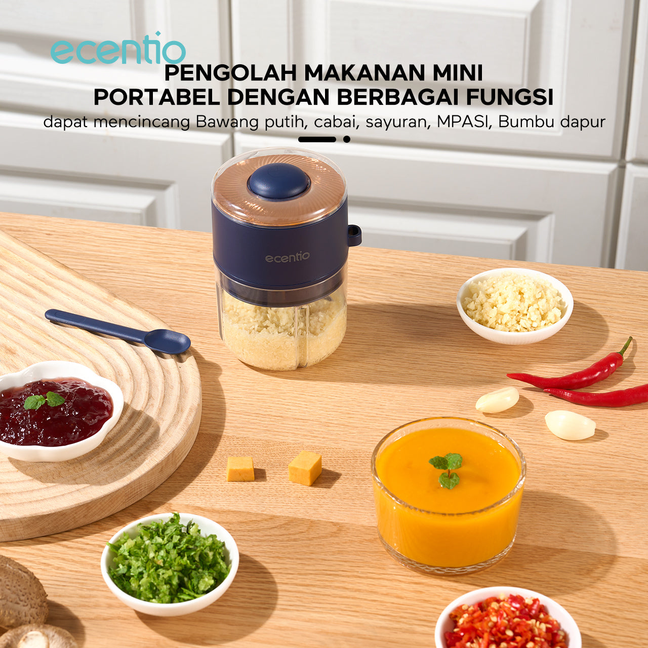 【🌟Pre-Order】ecentio Mini Chopper 6 Pisau 400ml – Mixer Portable Blender Bumbu Biru Tua – Dilengkapi Sendok & Sertifikasi 3KL