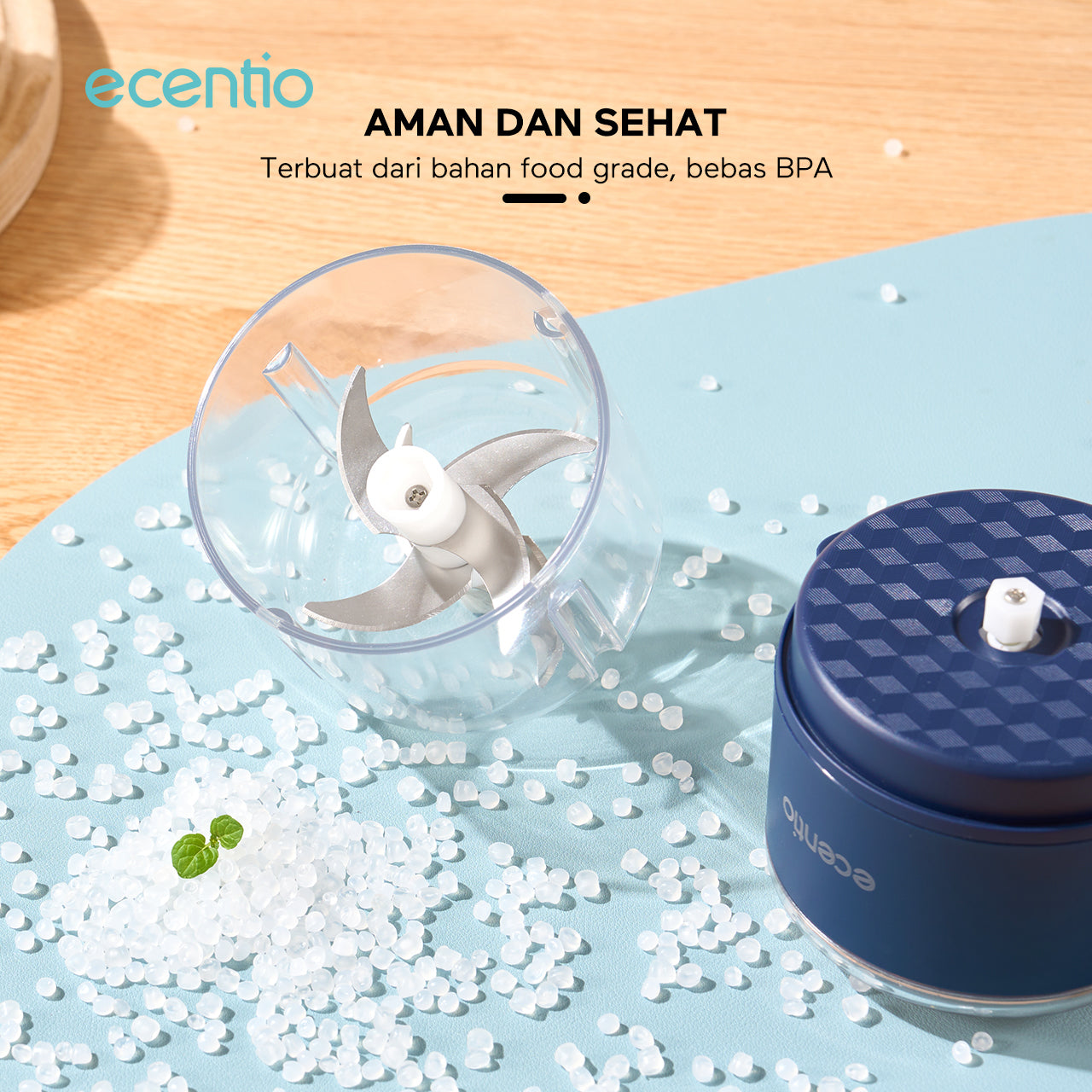 【🌟Pre-Order】ecentio Mini Chopper 6 Pisau 400ml – Mixer Portable Blender Bumbu Biru Tua – Dilengkapi Sendok & Sertifikasi 3KL