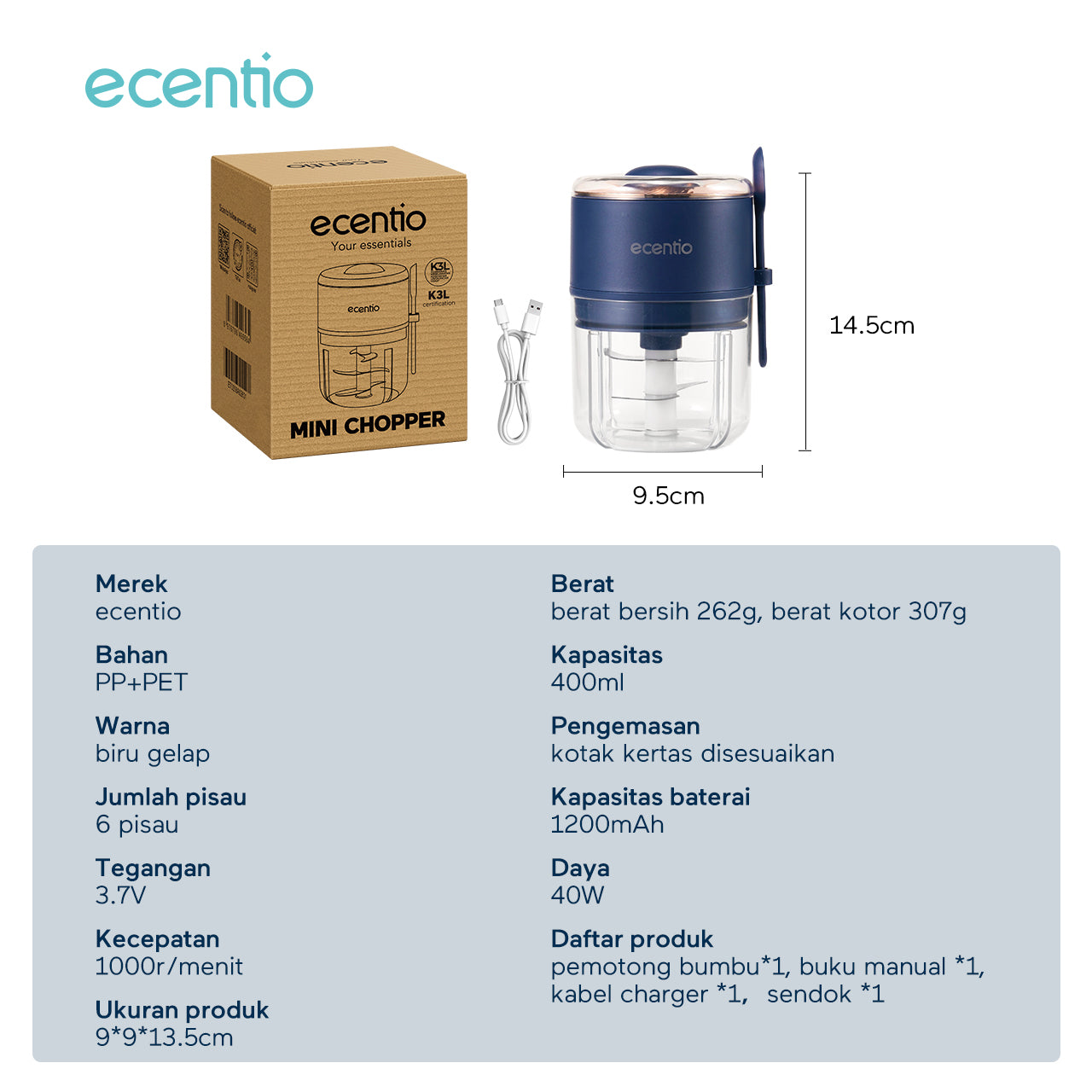 【🌟Pre-Order】ecentio Mini Chopper 6 Pisau 400ml – Mixer Portable Blender Bumbu Biru Tua – Dilengkapi Sendok & Sertifikasi 3KL