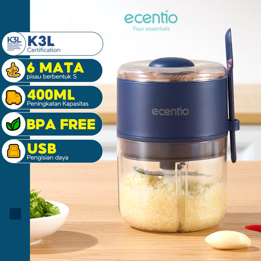 ecentio Mini Chopper 6 Pisau 400ml – Mixer Portable Blender Bumbu Biru Tua – Dilengkapi Sendok & Sertifikasi 3KL