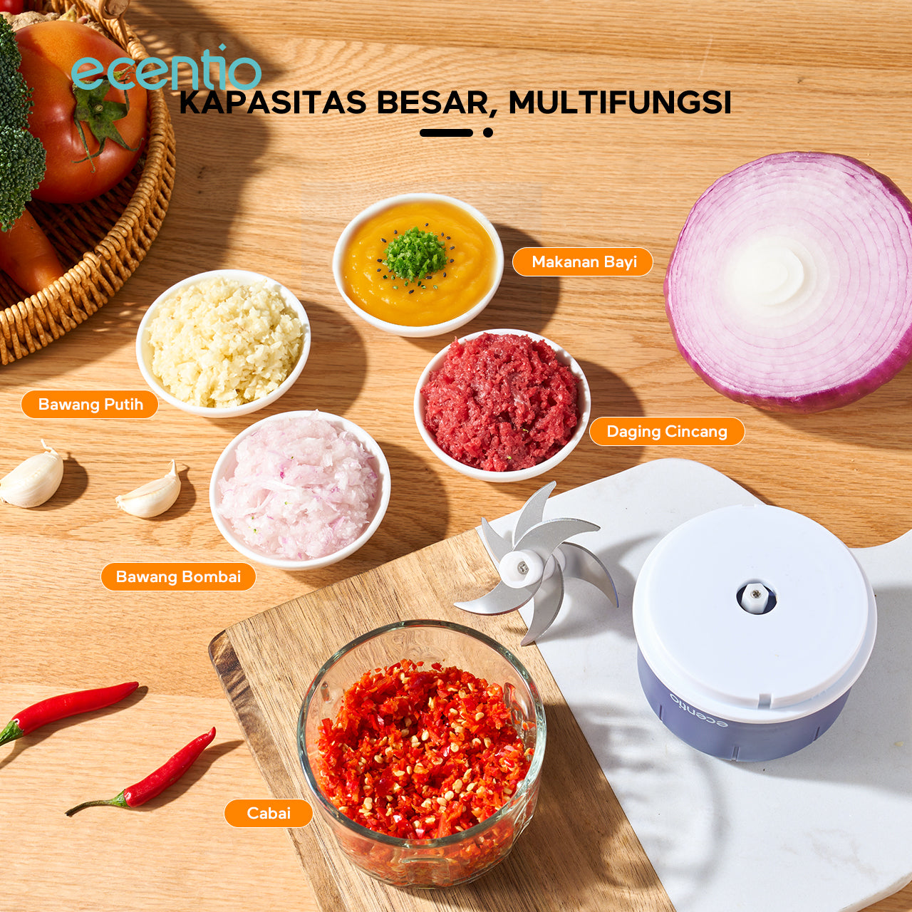 【🌟Pre-Order】【bumbu】ecentio Mini Chopper kaca Blender 6 mata pisau 250ml Portable Kaca Tebal Master Dapur Multifungsi basah kering halus dapur