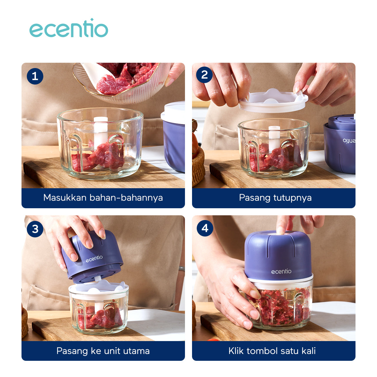 【🌟Pre-Order】【bumbu】ecentio Mini Chopper kaca Blender 6 mata pisau 250ml Portable Kaca Tebal Master Dapur Multifungsi basah kering halus dapur