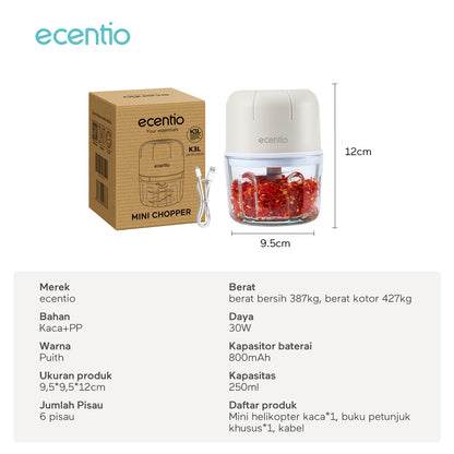 【🌟Pre-Order】【bumbu】ecentio Mini Chopper kaca Blender 6 mata pisau 250ml Portable Kaca Tebal Master Dapur Multifungsi basah kering halus dapur