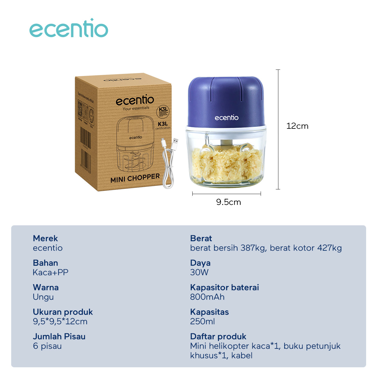 【🌟Pre-Order】【bumbu】ecentio Mini Chopper kaca Blender 6 mata pisau 250ml Portable Kaca Tebal Master Dapur Multifungsi basah kering halus dapur