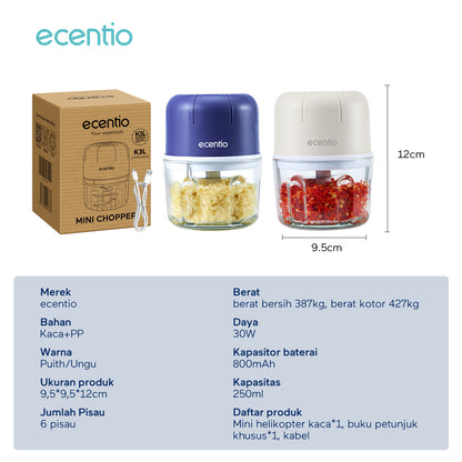 【🌟Pre-Order】【bumbu】ecentio Mini Chopper kaca Blender 6 mata pisau 250ml Portable Kaca Tebal Master Dapur Multifungsi basah kering halus dapur