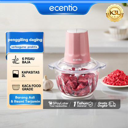 Pre- order ecentio chopper blender bumbu chopper daging kaca 2L 6 pisau spiral food grade, gilingan daging serbaguna untuk dapur rumah tangga, hasil gilingan halus dan cepat