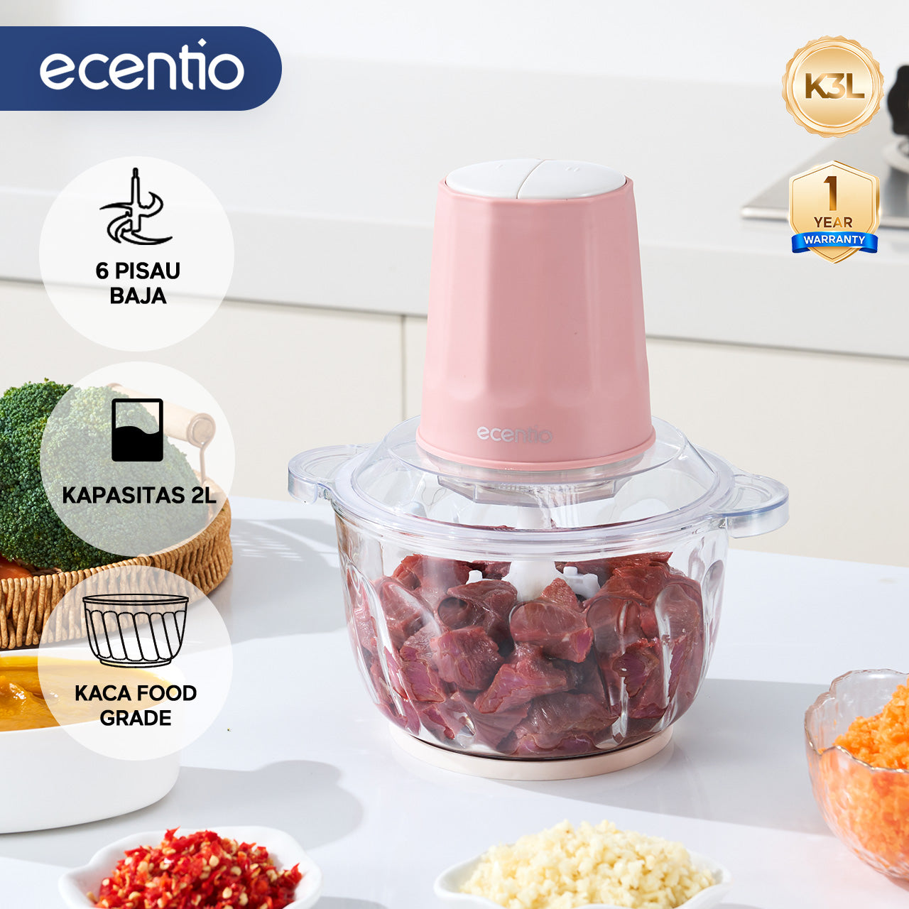Pre- order ecentio chopper blender bumbu chopper daging kaca 2L 6 pisau spiral food grade, gilingan daging serbaguna untuk dapur rumah tangga, hasil gilingan halus dan cepat
