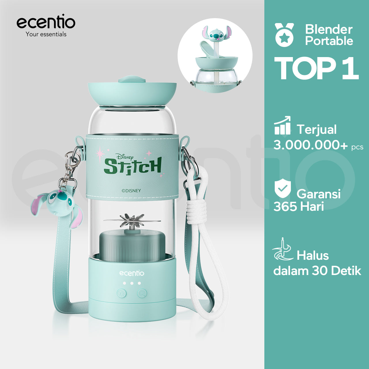 【Disney juicer Series】ecentio juicer blender 18 Pisau 304  juicer Kaca 500ml Dua Kecepatan mini dengan Tali Sling portable dengan sedotan