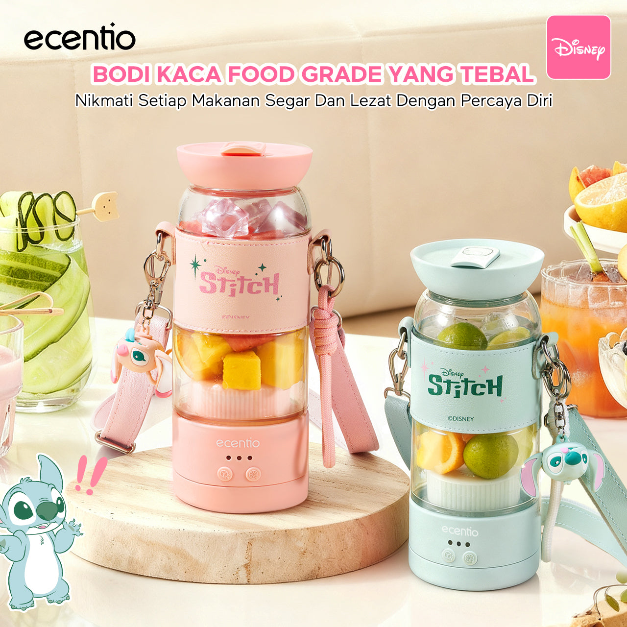 【Disney juicer Series】ecentio juicer blender 18 Pisau 304  juicer Kaca 500ml Dua Kecepatan mini dengan Tali Sling portable dengan sedotan
