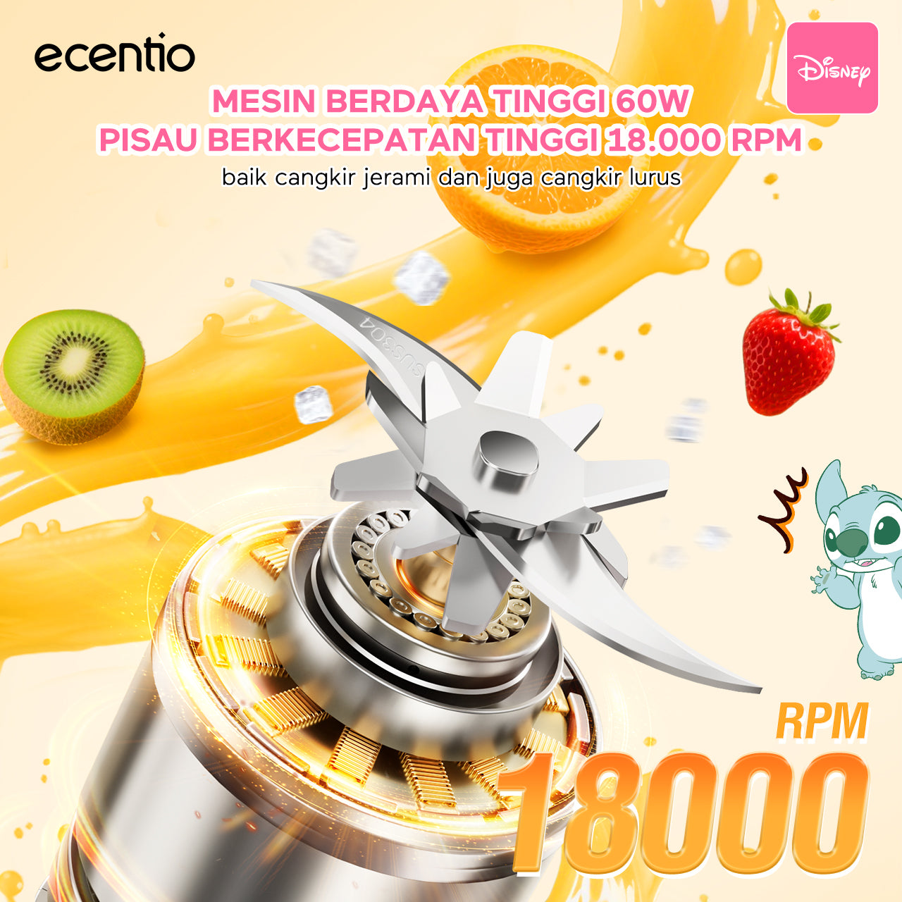 【Disney juicer Series】ecentio juicer blender 18 Pisau 304  juicer Kaca 500ml Dua Kecepatan mini dengan Tali Sling portable dengan sedotan