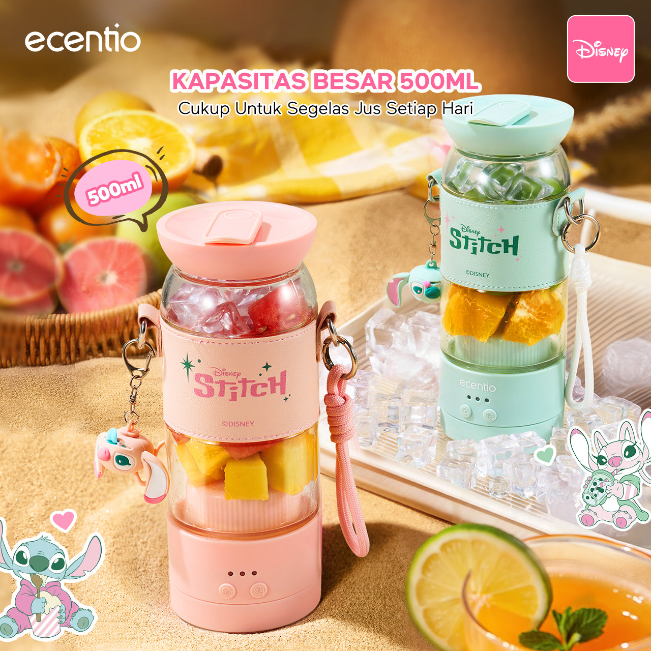 【Disney juicer Series】ecentio juicer blender 18 Pisau 304  juicer Kaca 500ml Dua Kecepatan mini dengan Tali Sling portable dengan sedotan