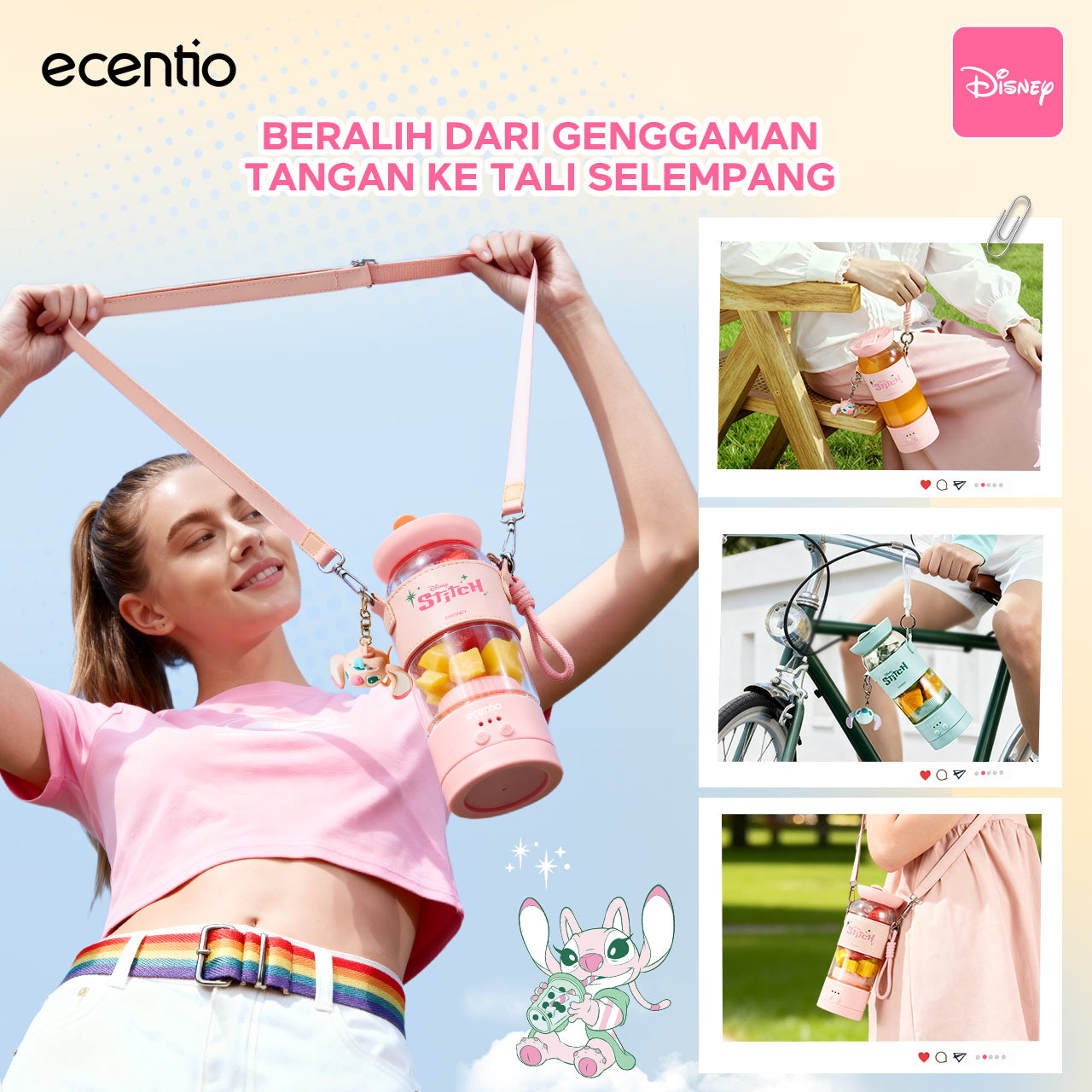 【Disney juicer Series】ecentio juicer blender 18 Pisau 304  juicer Kaca 500ml Dua Kecepatan mini dengan Tali Sling portable dengan sedotan