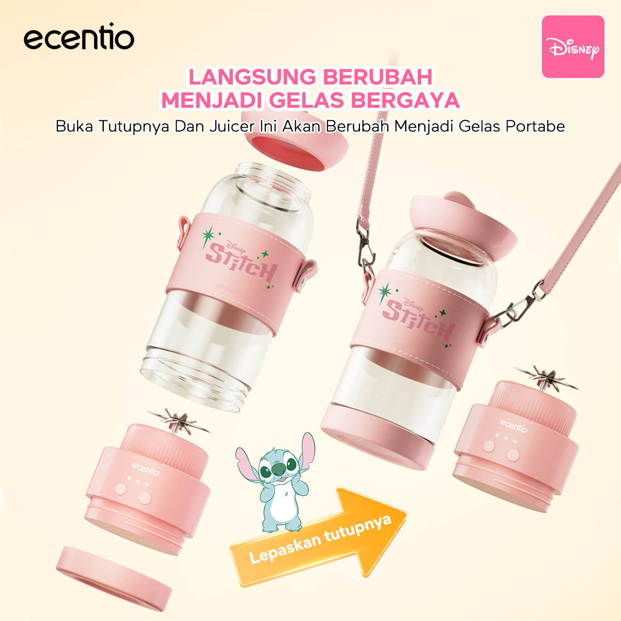 【Disney juicer Series】ecentio juicer blender 18 Pisau 304  juicer Kaca 500ml Dua Kecepatan mini dengan Tali Sling portable dengan sedotan