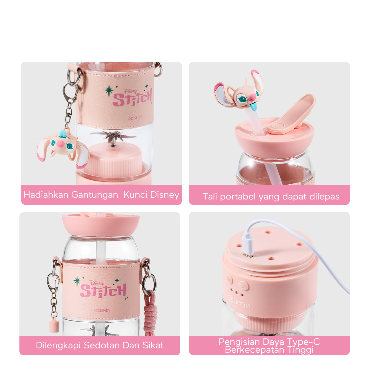 【Disney juicer Series】ecentio juicer blender 18 Pisau 304  juicer Kaca 500ml Dua Kecepatan mini dengan Tali Sling portable dengan sedotan