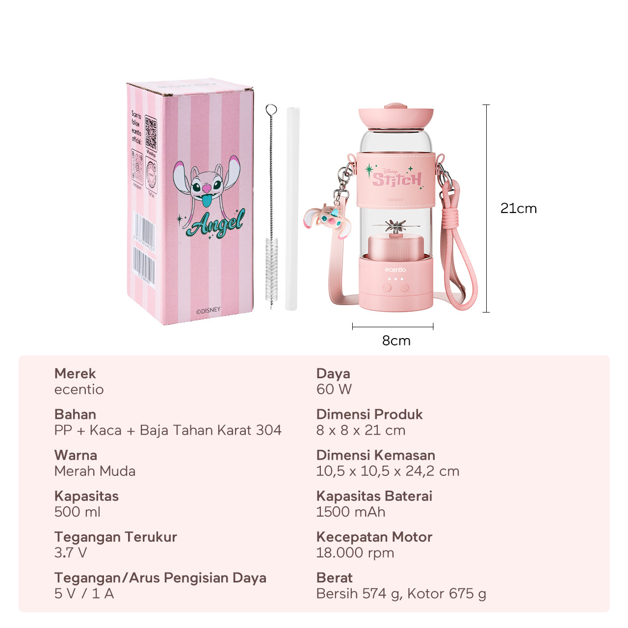 【Disney juicer Series】ecentio juicer blender 18 Pisau 304  juicer Kaca 500ml Dua Kecepatan mini dengan Tali Sling portable dengan sedotan