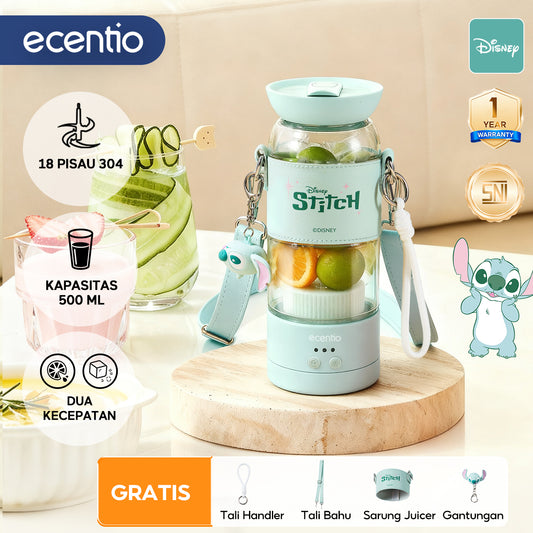 【Disney juicer Series】ecentio juicer blender 18 Pisau 304  juicer Kaca 500ml Dua Kecepatan mini dengan Tali Sling portable dengan sedotan