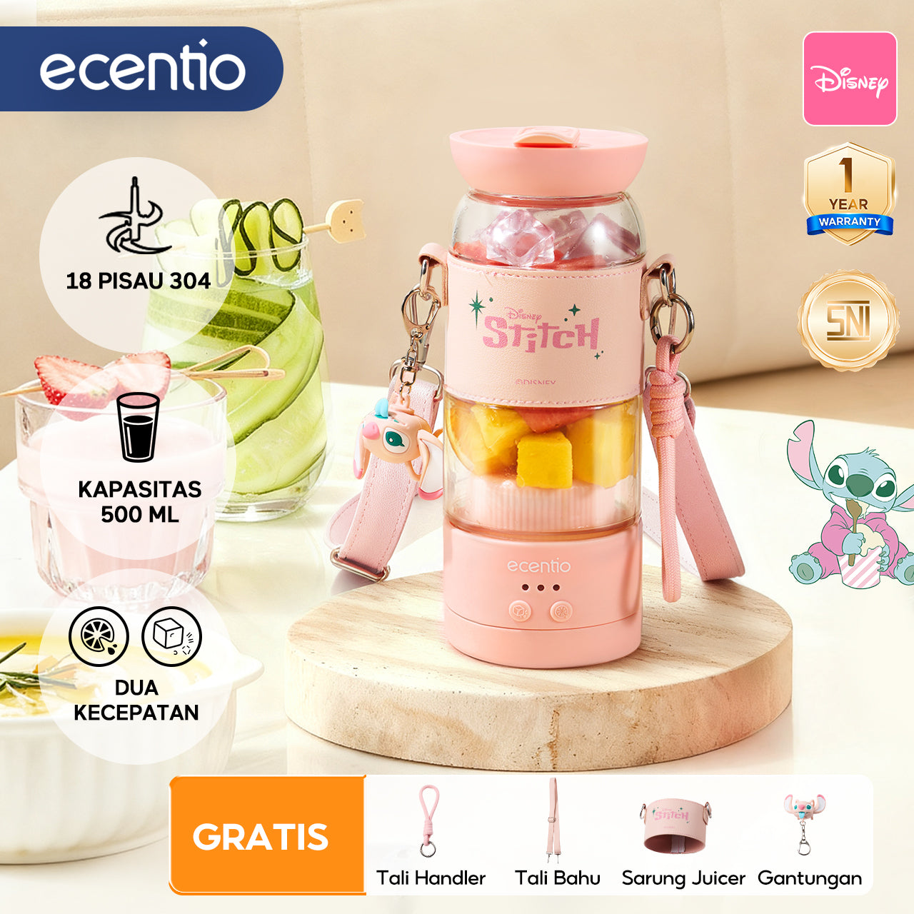 【Disney juicer Series】ecentio juicer blender 18 Pisau 304  juicer Kaca 500ml Dua Kecepatan mini dengan Tali Sling portable dengan sedotan