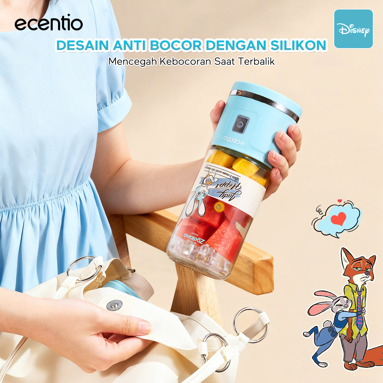 【Disney juicer Series】ecentio juicer blender 18 Pisau 304  juicer Kaca 450ml+450ml Judy portable Nick dengan sedotan