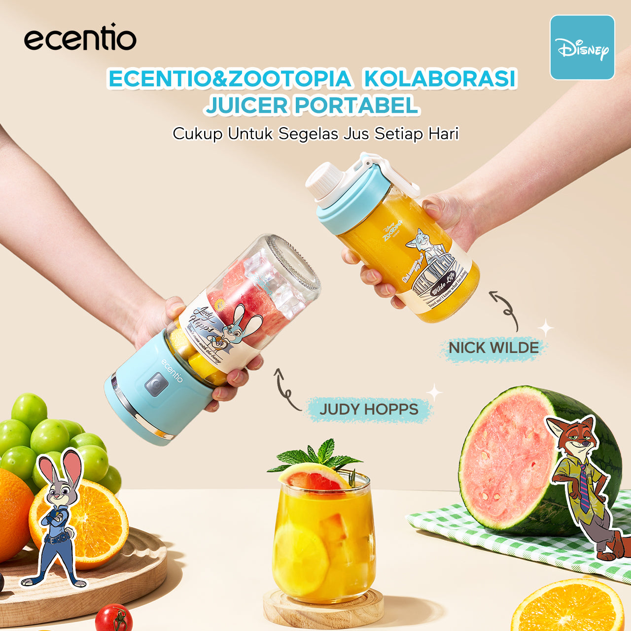 【Disney juicer Series】ecentio juicer blender 18 Pisau 304  juicer Kaca 450ml+450ml Judy portable Nick dengan sedotan