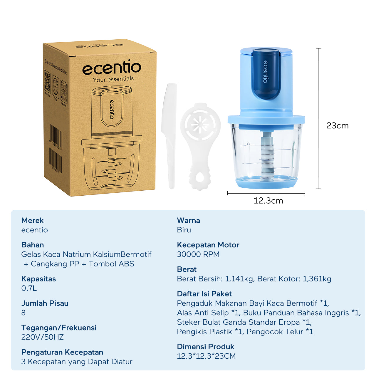 ecentio blender mini food chopper pengaduk makanan bayi kaca 8 pisau 3 kecepatan | pembuat makanan bayi multifungsi 4-in-1 stainless steel 304 mesin 200w untuk ibu menyusui & anak balita