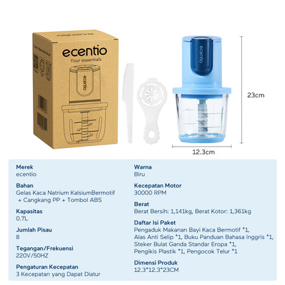 ecentio blender mini food chopper pengaduk makanan bayi kaca 8 pisau 3 kecepatan | pembuat makanan bayi multifungsi 4-in-1 stainless steel 304 mesin 200w untuk ibu menyusui & anak balita