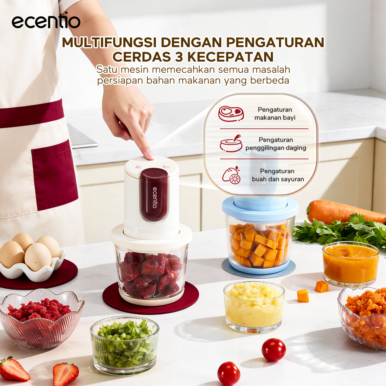 ecentio blender mini food chopper pengaduk makanan bayi kaca 8 pisau 3 kecepatan | pembuat makanan bayi multifungsi 4-in-1 stainless steel 304 mesin 200w untuk ibu menyusui & anak balita
