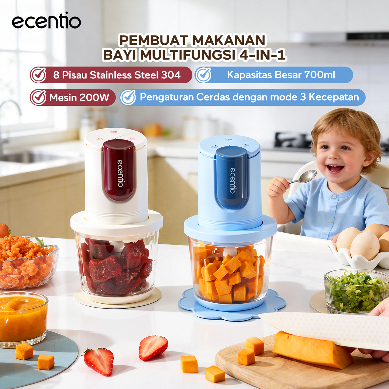 ecentio blender mini food chopper pengaduk makanan bayi kaca 8 pisau 3 kecepatan | pembuat makanan bayi multifungsi 4-in-1 stainless steel 304 mesin 200w untuk ibu menyusui & anak balita