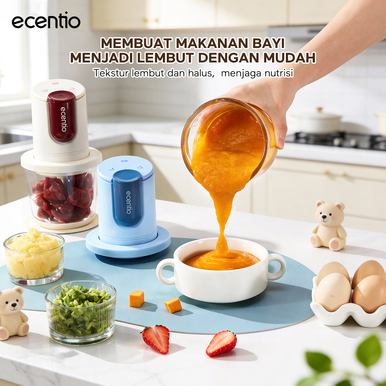 ecentio blender mini food chopper pengaduk makanan bayi kaca 8 pisau 3 kecepatan | pembuat makanan bayi multifungsi 4-in-1 stainless steel 304 mesin 200w untuk ibu menyusui & anak balita