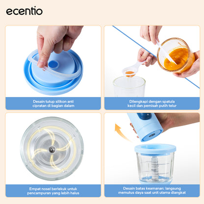 ecentio blender mini food chopper pengaduk makanan bayi kaca 8 pisau 3 kecepatan | pembuat makanan bayi multifungsi 4-in-1 stainless steel 304 mesin 200w untuk ibu menyusui & anak balita