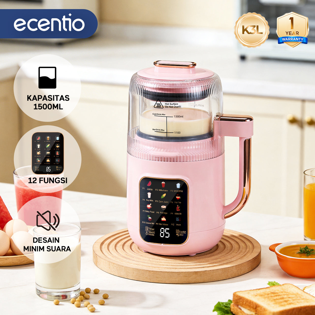 ecentio Chopper Blender Kaca 1.3L Quiet Heating 600W 9 Kecepatan 22000RPM Touch Control Anti Kering Aman Biru Cocok Untuk Rumah Tangga, Bubur Bayi, Sup, Jus & Smoothie,blender machine & blender bottle