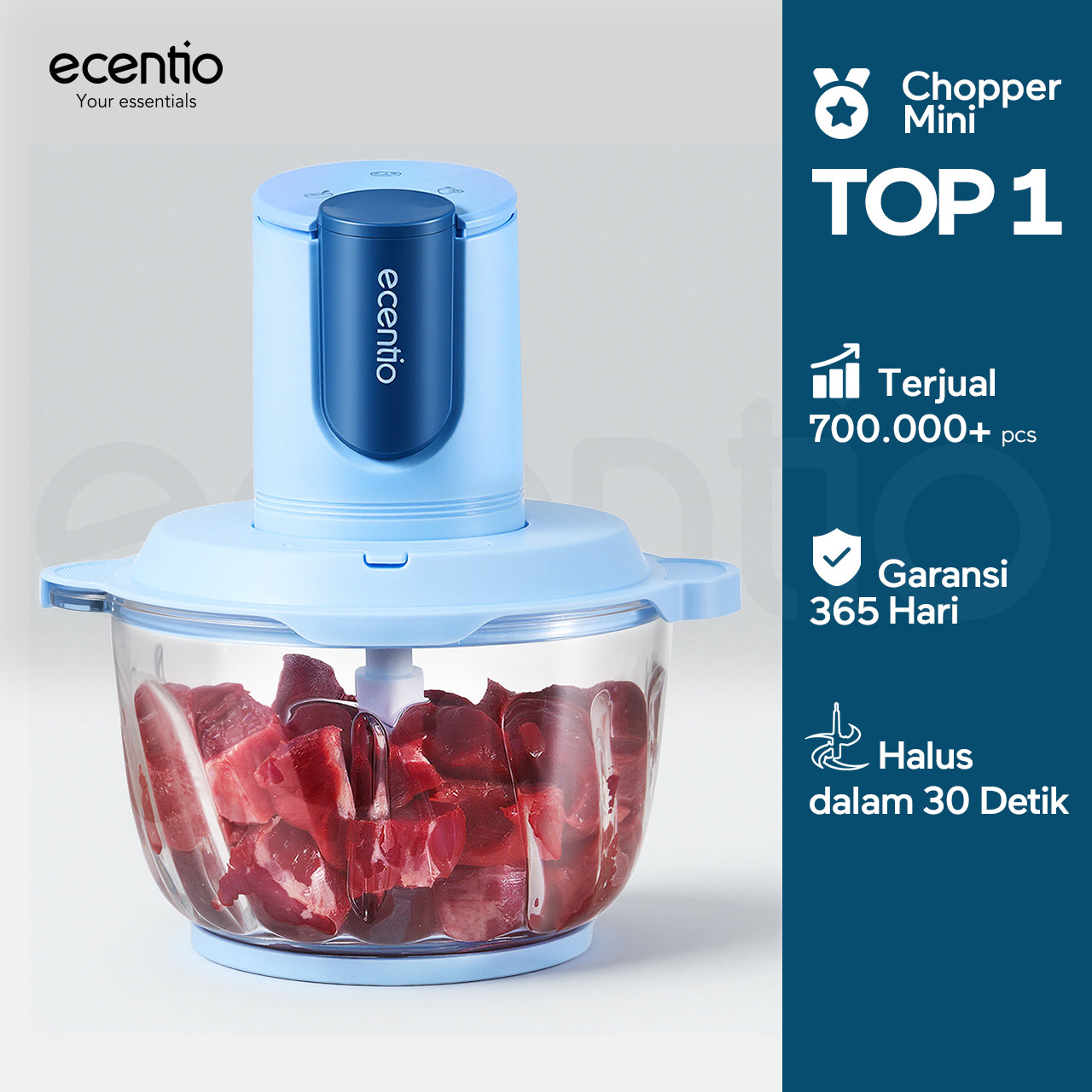 ecentio blender chopper penggiling daging kaca 6 pisau 3 kecepatan multifungsi untuk olahan daging, bumbu, sayuran, buah, es smoothie, dan makanan bayi di rumah tangga