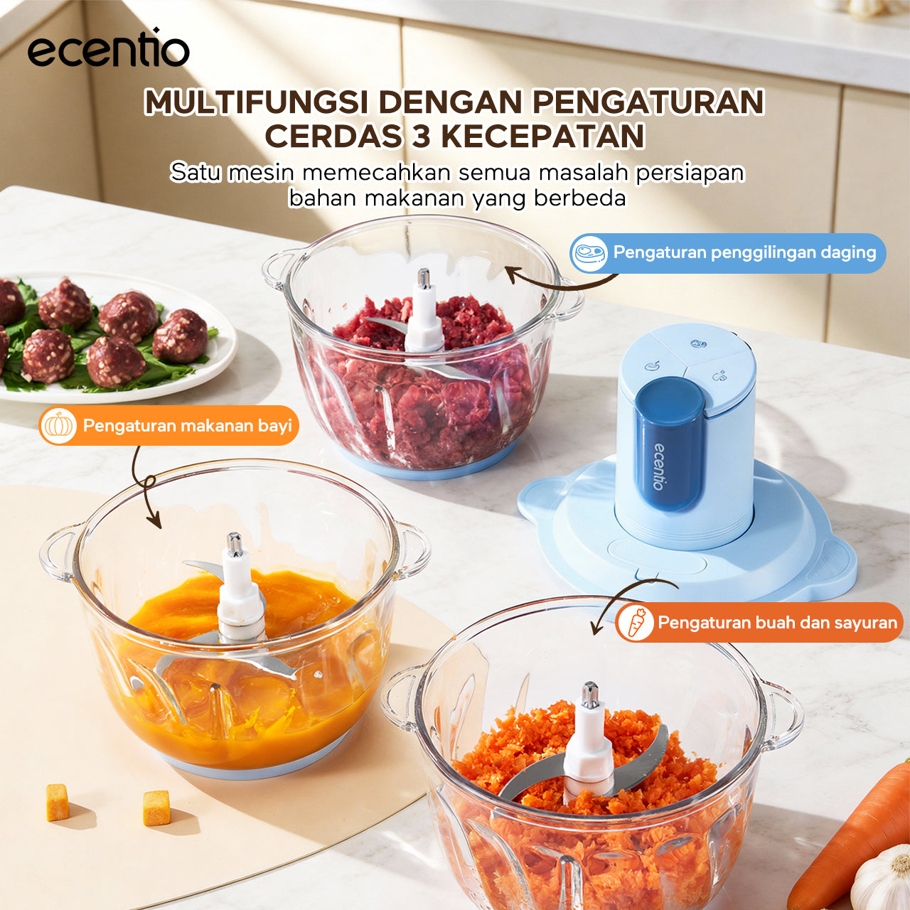 ecentio blender chopper penggiling daging kaca 6 pisau 3 kecepatan multifungsi untuk olahan daging, bumbu, sayuran, buah, es smoothie, dan makanan bayi di rumah tangga